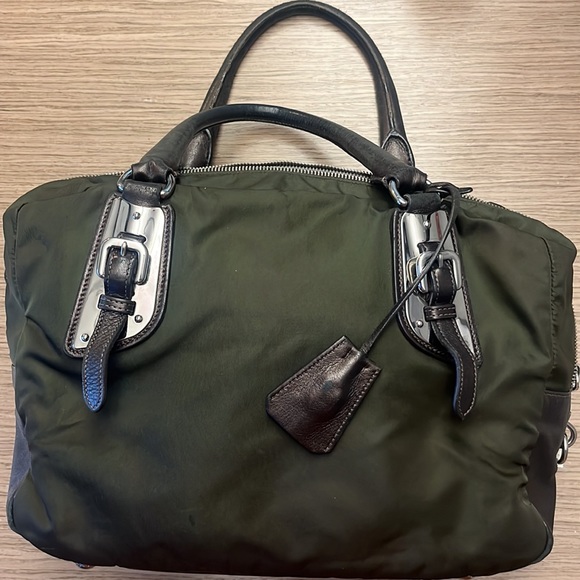 PRADA Handbag - Olive Green Nylon & Leather Trim w/ lock & key. - Picture 9 of 14